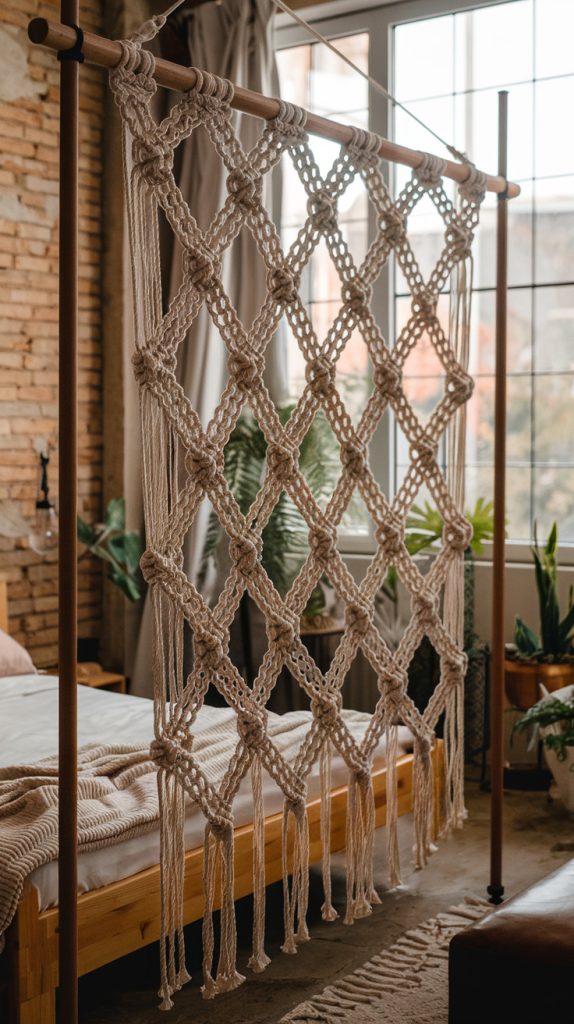 Free-standing macramé or rope divider hung between two poles