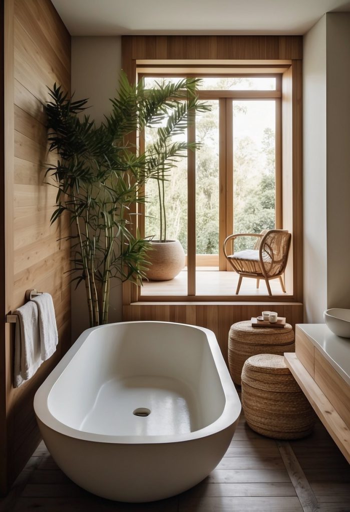 A minimalist bathroom with natural materials, clean lines, and a neutral color palette. A wooden soaking tub, stone sink, and bamboo accents create a serene and functional space