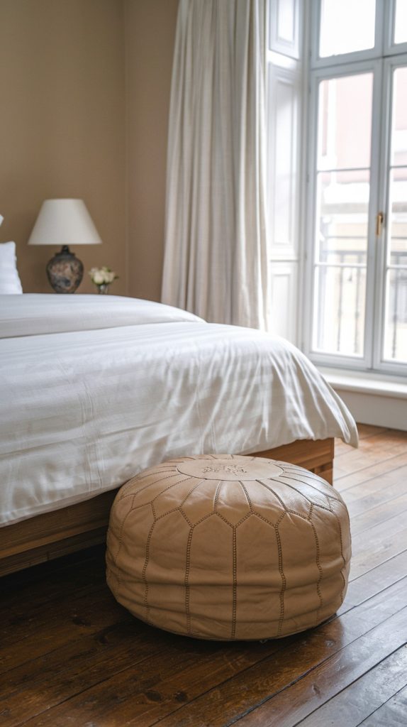 Leather Pouf at the foot of bed