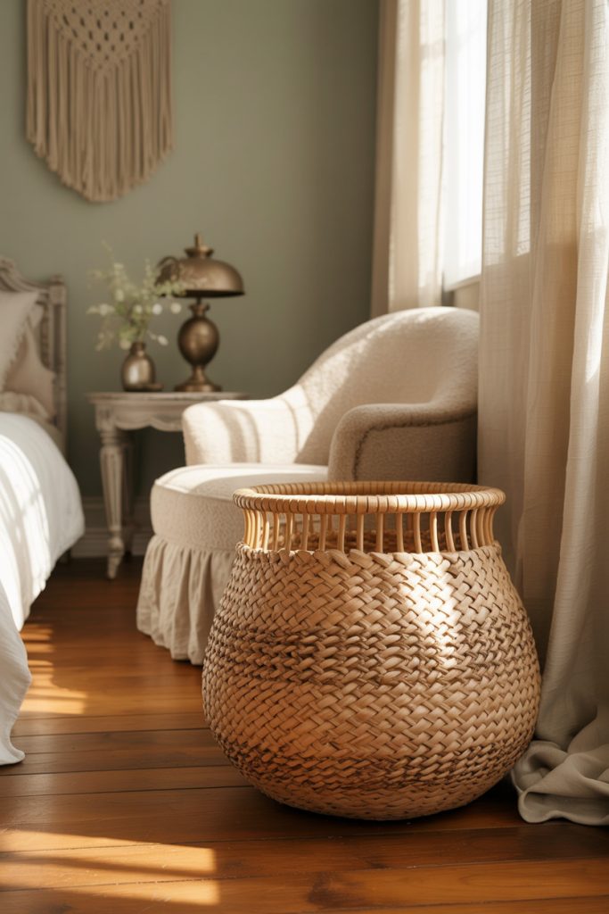 Add woven baskets for stylish storage solutions