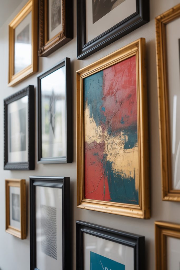 1. Create a gallery wall with a mix of abstract gold and black framed prints