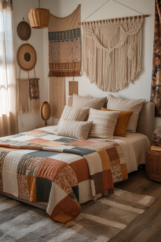 Display eclectic wall hangings from global travels