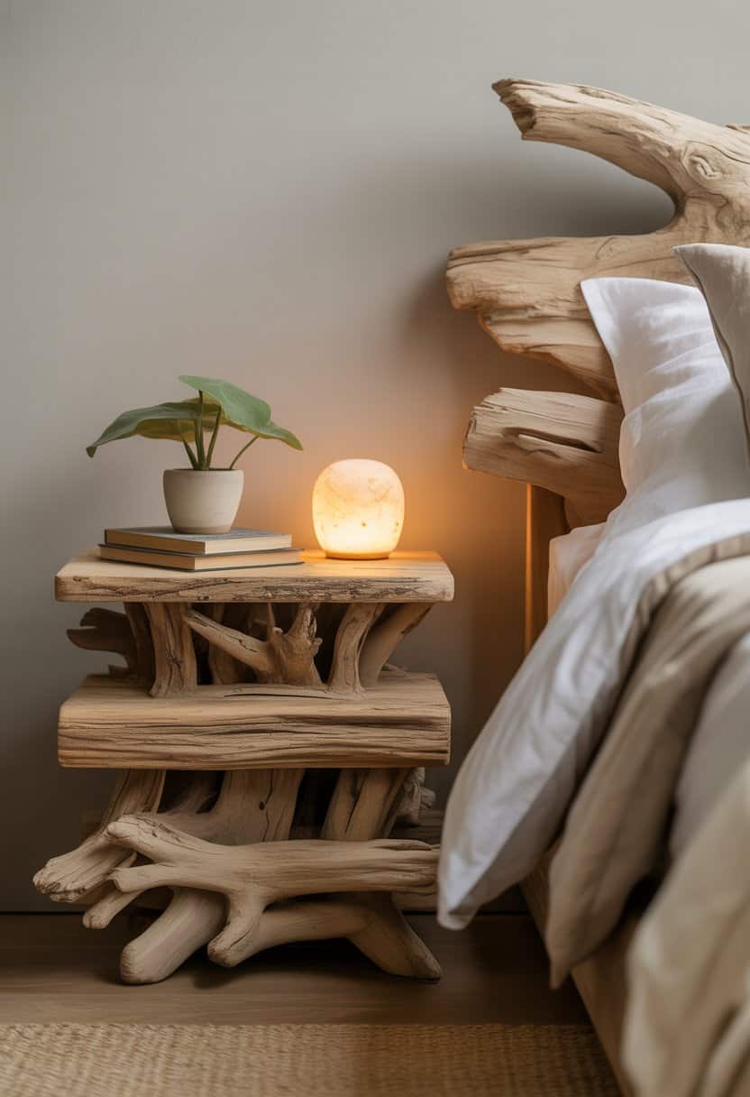 A bed with driftwood furniture and a lamp