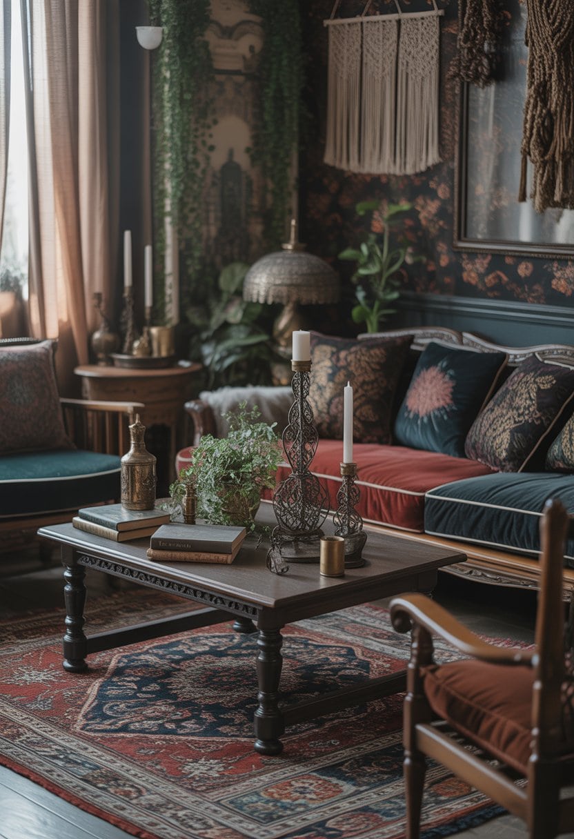 A living room with a rug, couch and chairs