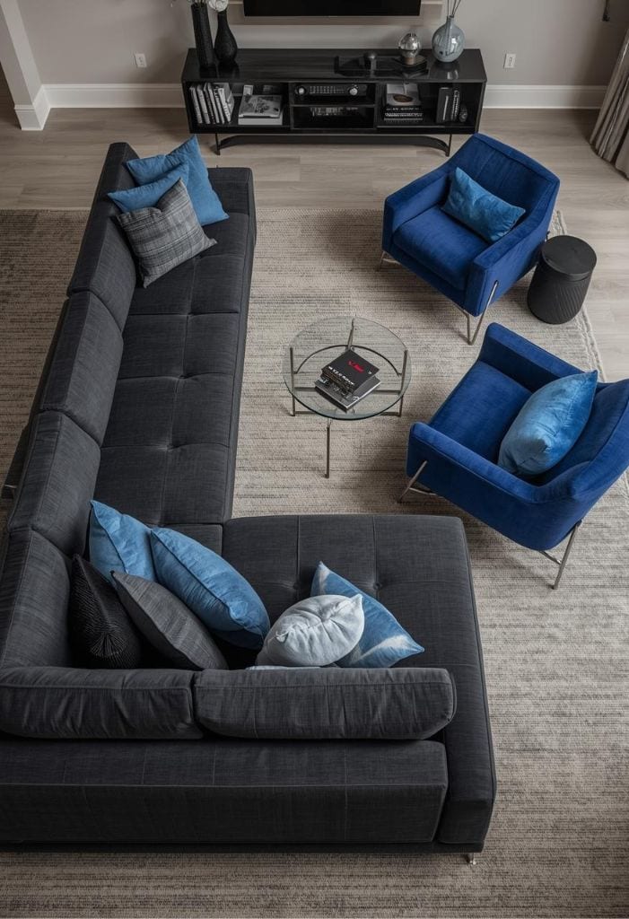 Black and Blue Striped Wallpaper in a Cozy Corner
