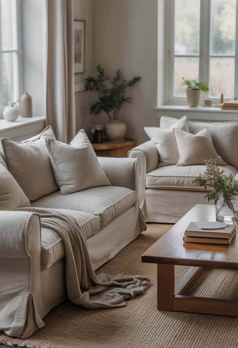 A bright living room with linen slipcovered sofas, a wooden coffee table, and natural light coming through large windows.
