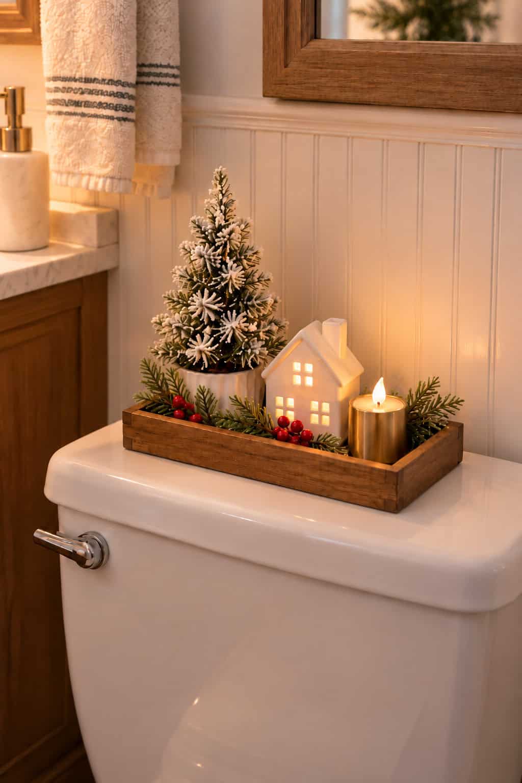 How to Style a Toilet Tank Tray for Christmas: Simple Ideas